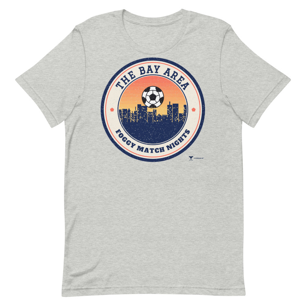 Bay Area Foggy Match Nights Unisex Tee in athletic heather, design printed on the front, front view