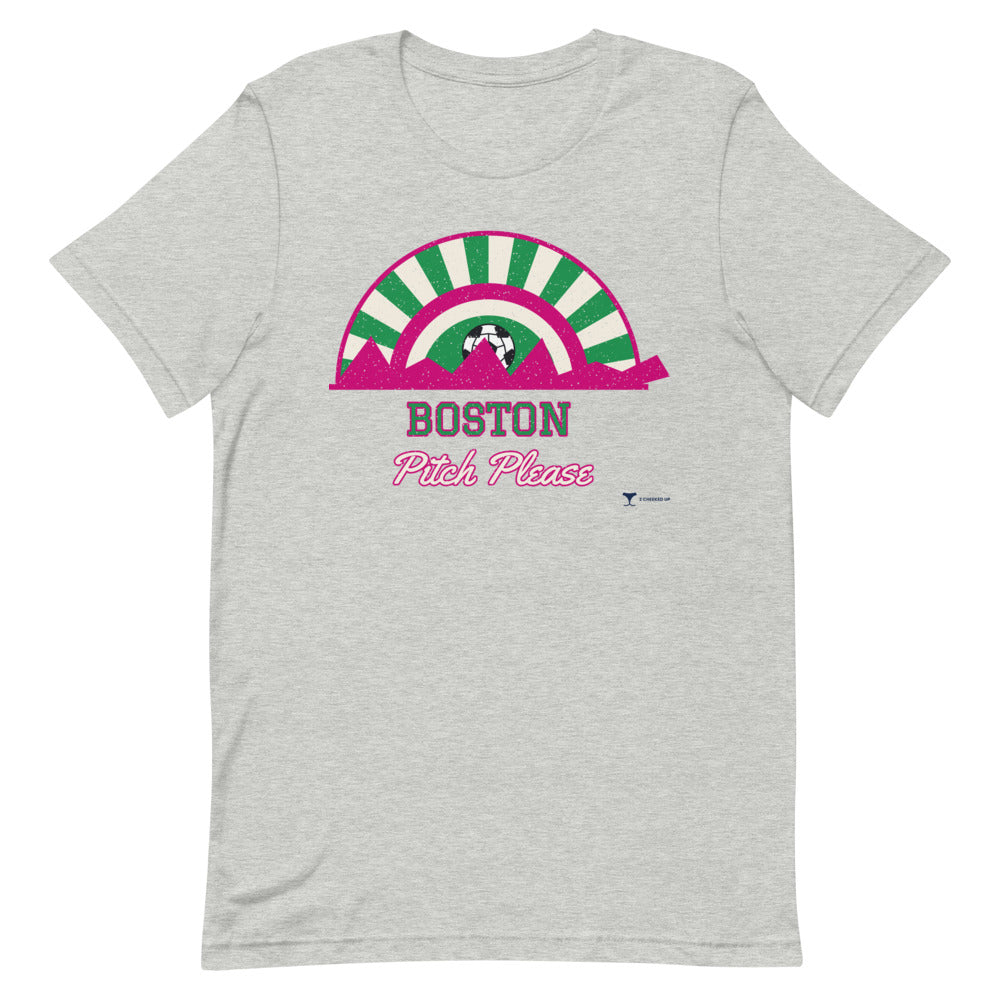 Boston Pitch Please Unisex Tee in athletic heather, design printed on the front, front view