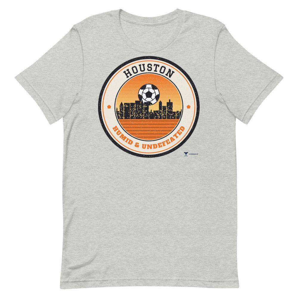 Houston Humid & Undefeated Unisex Tee in athletic heather, design printed on the front, front view