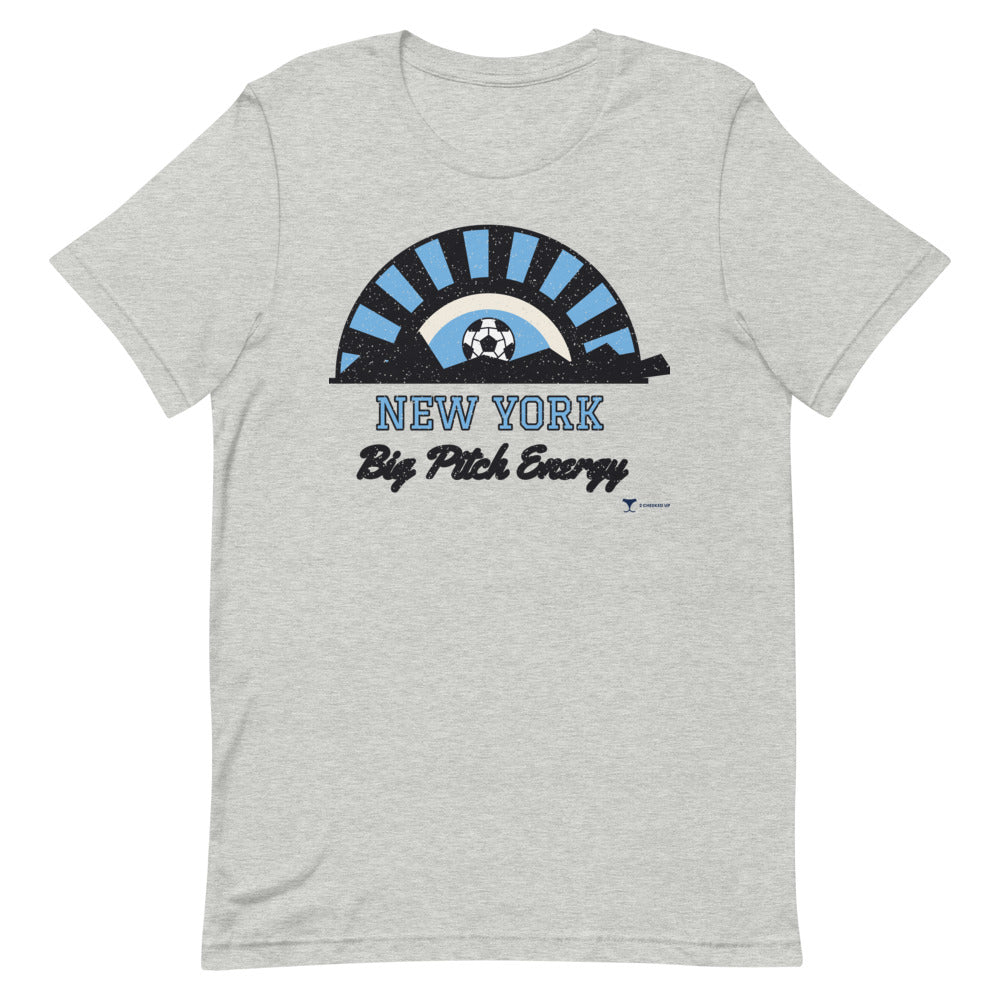New York Big Pitch Energy Unisex Tee in athletic heather, design printed on the front, front view