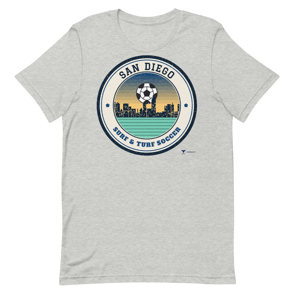 San Diego Surf & Turf Soccer Unisex Tee in athletic heather, design printed on the front, front view