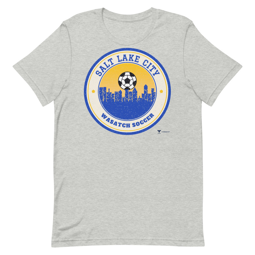Salt Lake City Wasatch Soccer Unisex Tee in athletic heather, design printed on the front, front view