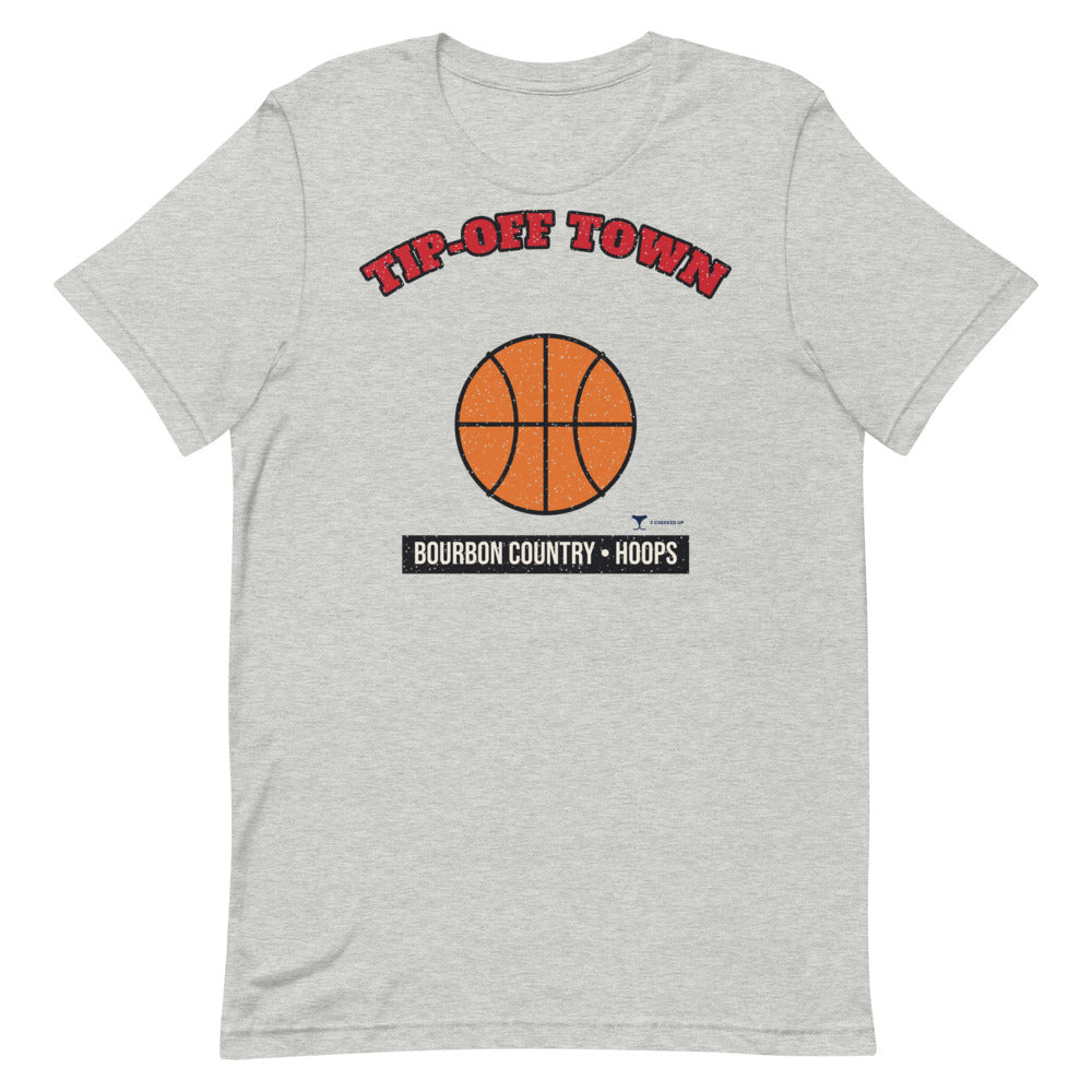 Bourbon Country Tip-Off Town Unisex Tee in athletic heather, design printed on the front, front view
