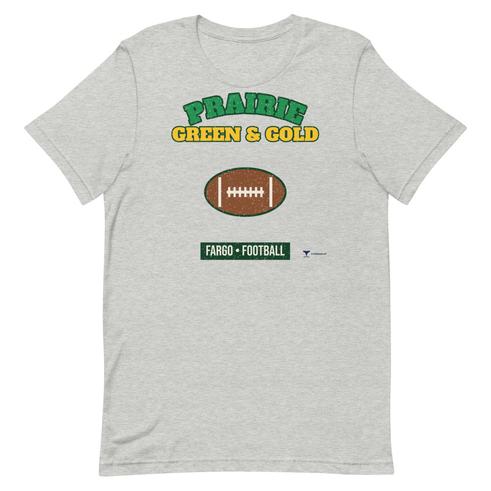 Prairie Green & Gold Fargo Football Unisex Tee in athletic heather, design printed on the front, front view