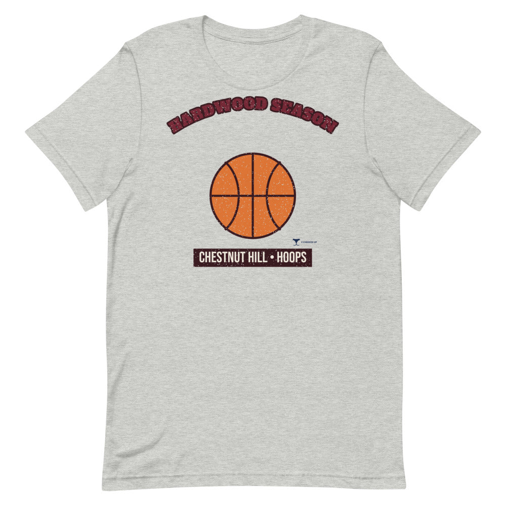 Chestnut Hill Hardwood Season Unisex Tee in athletic heather, design printed on the front, front view