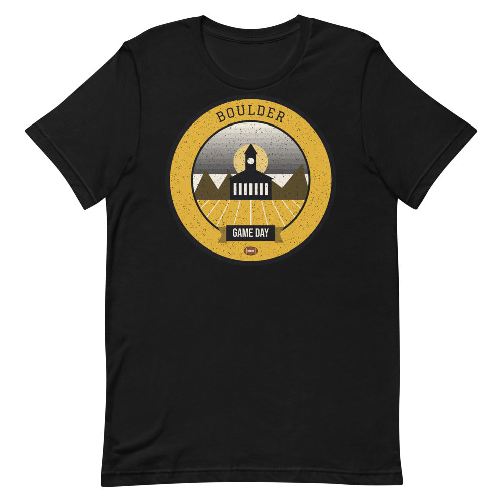 Black & Gold Flatirons Game Day Tee in black, front