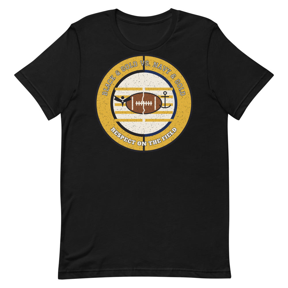 Black and Gold vs Navy and Gold Respect on the Field Football Tee in black, front