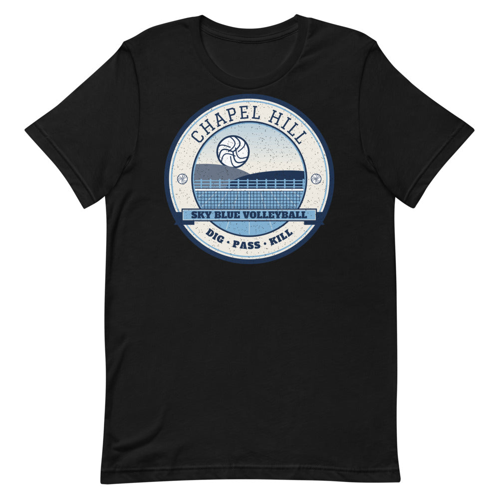 Chapel Hill Sky Blue Volleyball Tee in black, front