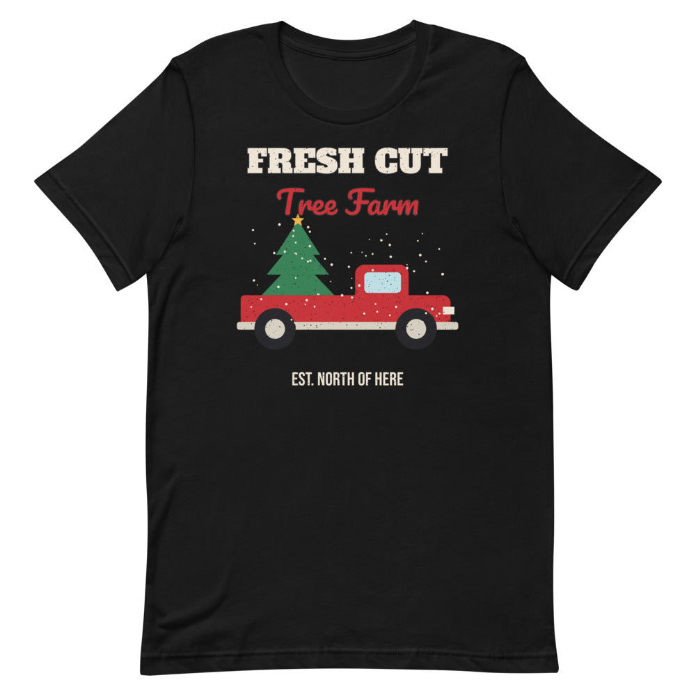 Fresh Cut Tree Farm Unisex Tee in black, design printed on the front, front view