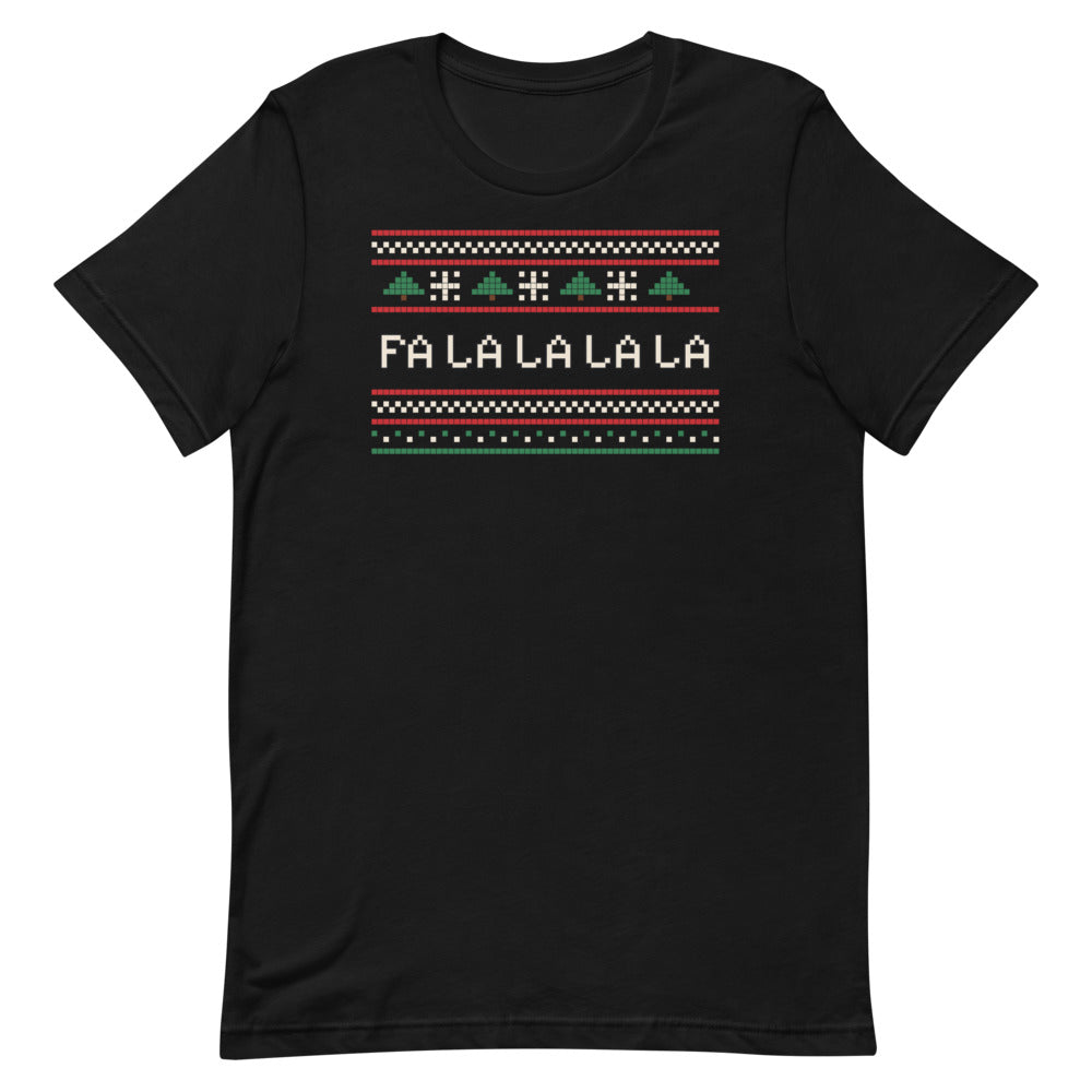 Fa La La Knit Unisex Tee in black, design printed on the front, front view