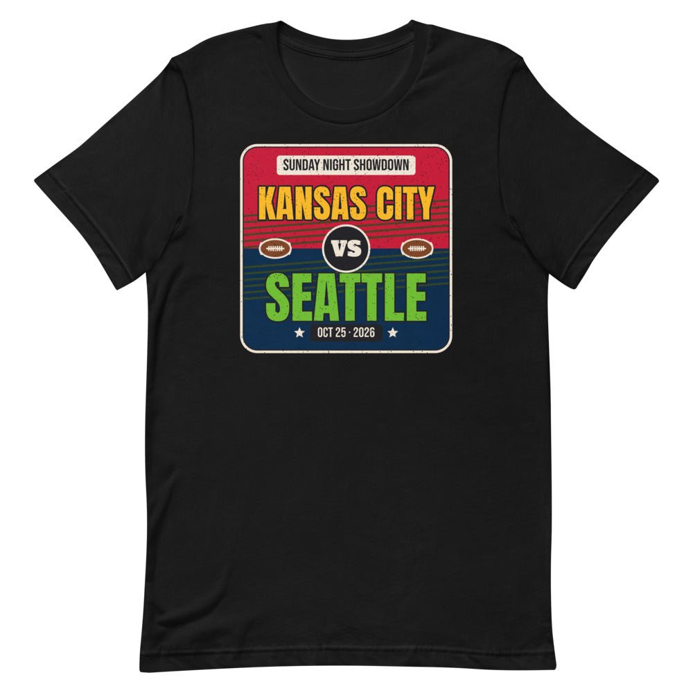 Kansas City vs. Seattle Showdown 2026 Unisex Tee in black, design printed on the front, front view