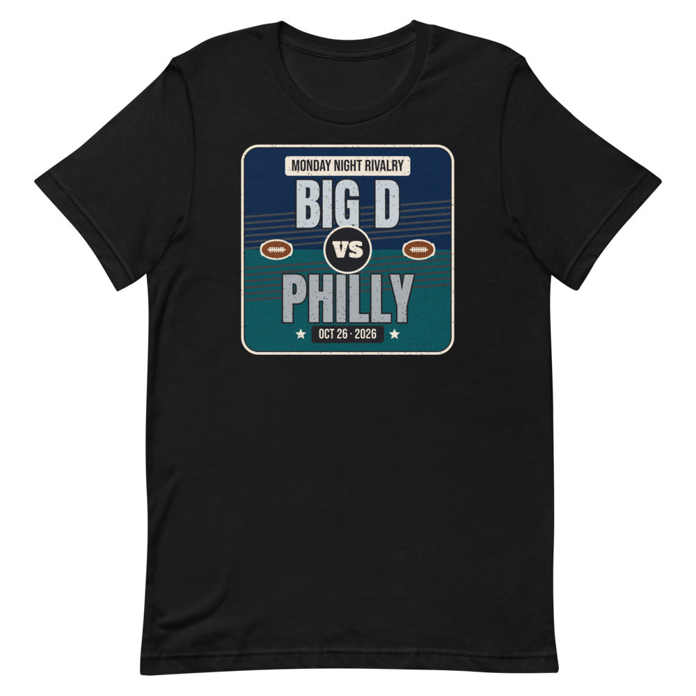 Big D vs. Philly Rivalry 2026 Unisex Tee in black, design printed on the front, front view