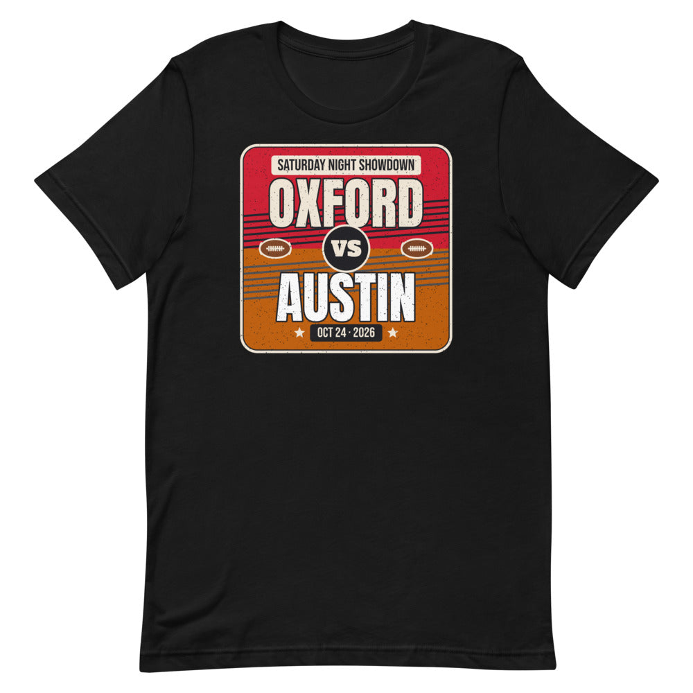 Oxford vs. Austin Showdown 2026 Unisex Tee in black, design printed on the front, front view