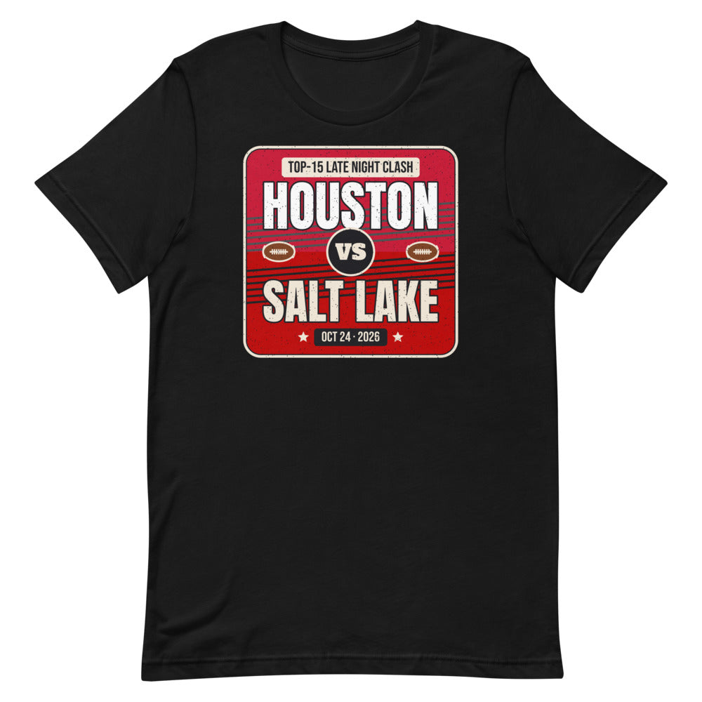 Houston vs. Salt Lake Showdown 2026 Unisex Tee in black, design printed on the front, front view