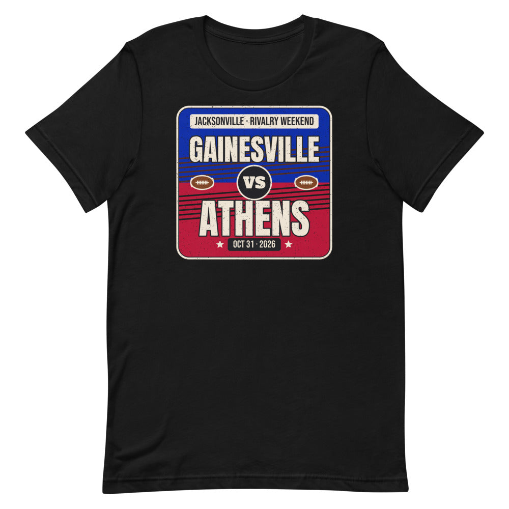 Gainesville vs. Athens Jacksonville Rivalry 2026 Unisex Tee in black, design printed on the front, front view