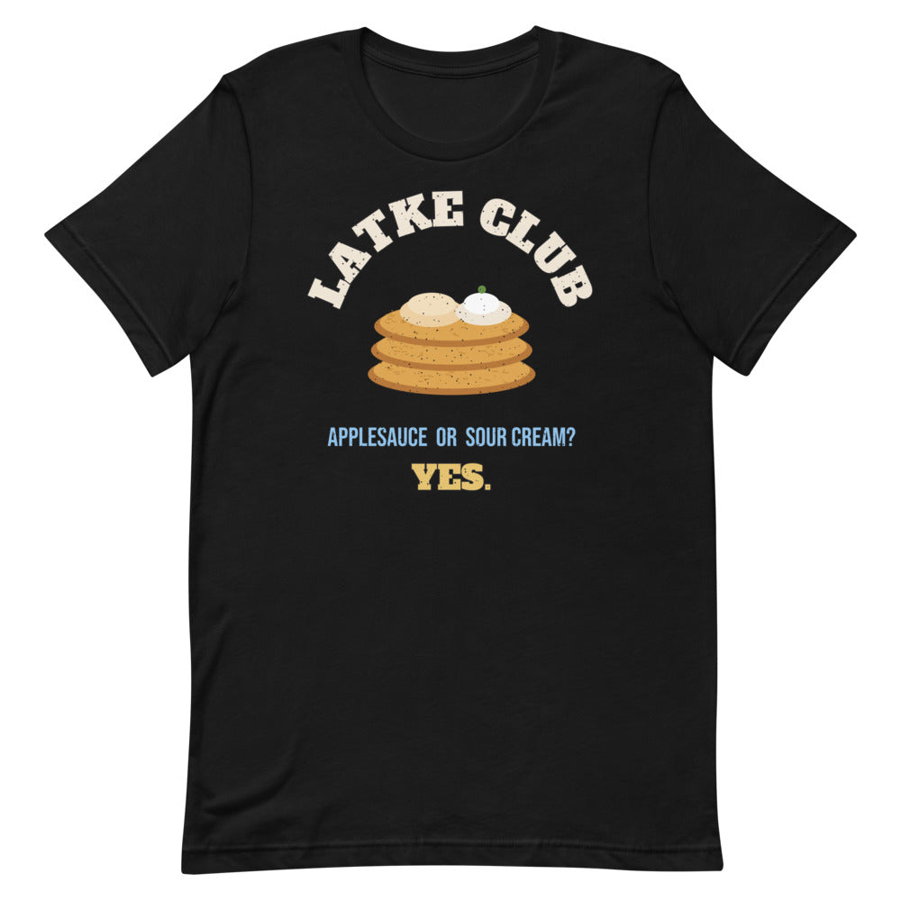 Latke Club Unisex Tee in black, design printed on the front, front view