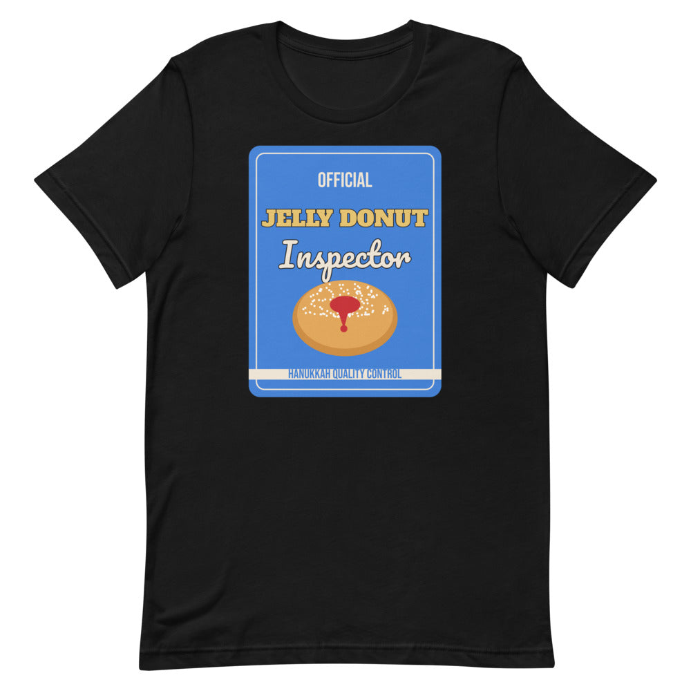 Jelly Donut Inspector Unisex Tee in black, design printed on the front, front view