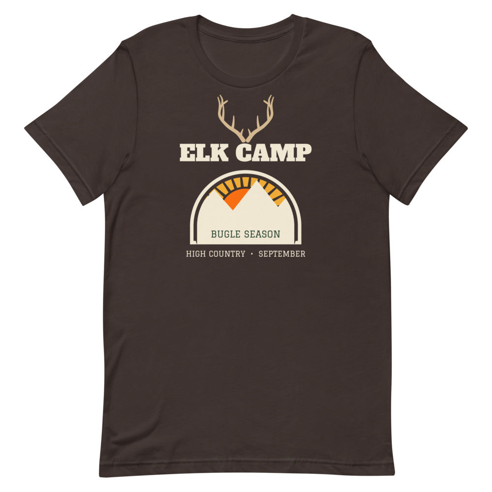 Elk Camp Bugle Season Unisex Tee in brown, design printed on the front, front view