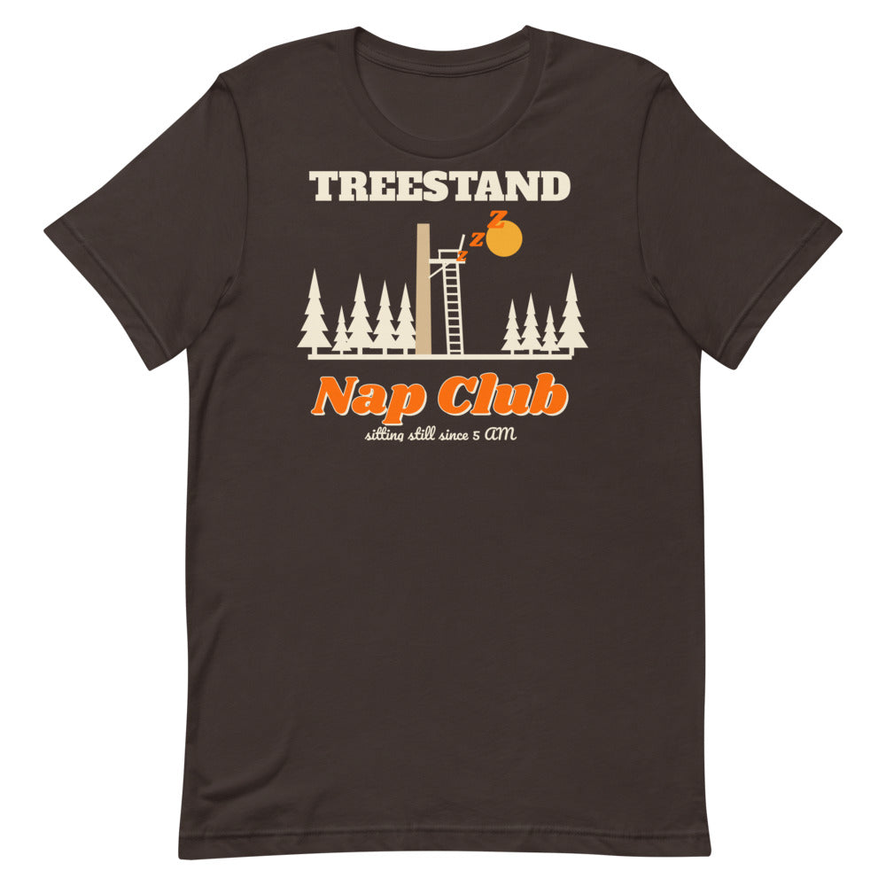 Treestand Nap Club Unisex Tee in brown, design printed on the front, front view