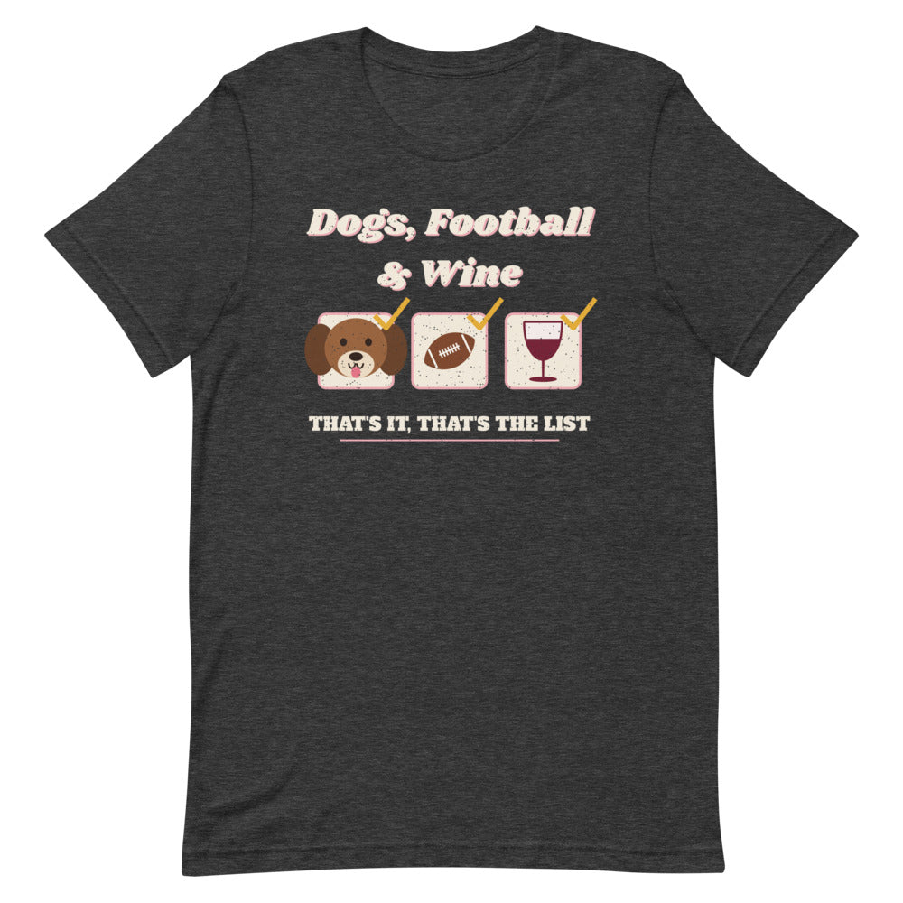 Dog Mom Football & Wine List Unisex Tee in dark grey heather, front view