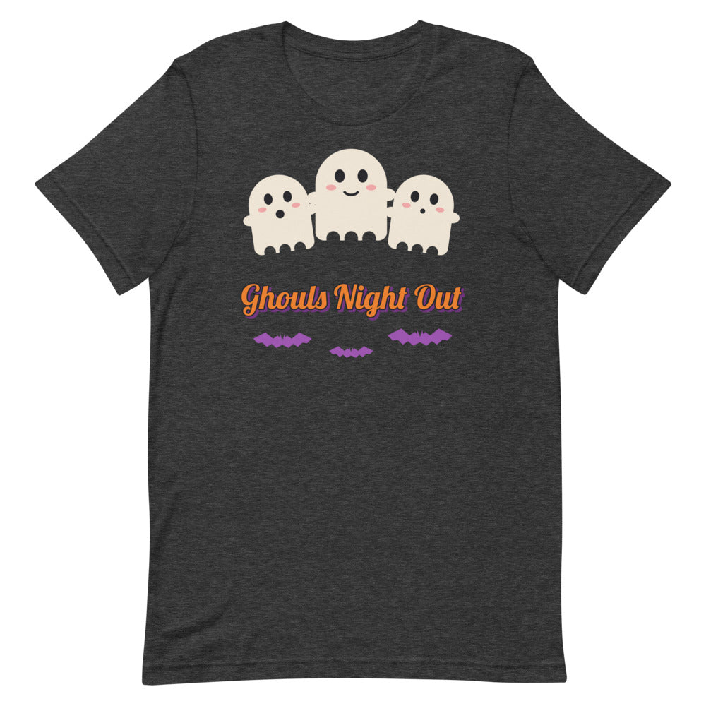 Ghouls Night Out Unisex Tee in dark grey heather, design printed on the front, front view