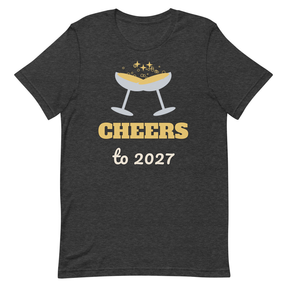 Cheers to 2027 Unisex Tee in dark grey heather, design printed on the front, front view