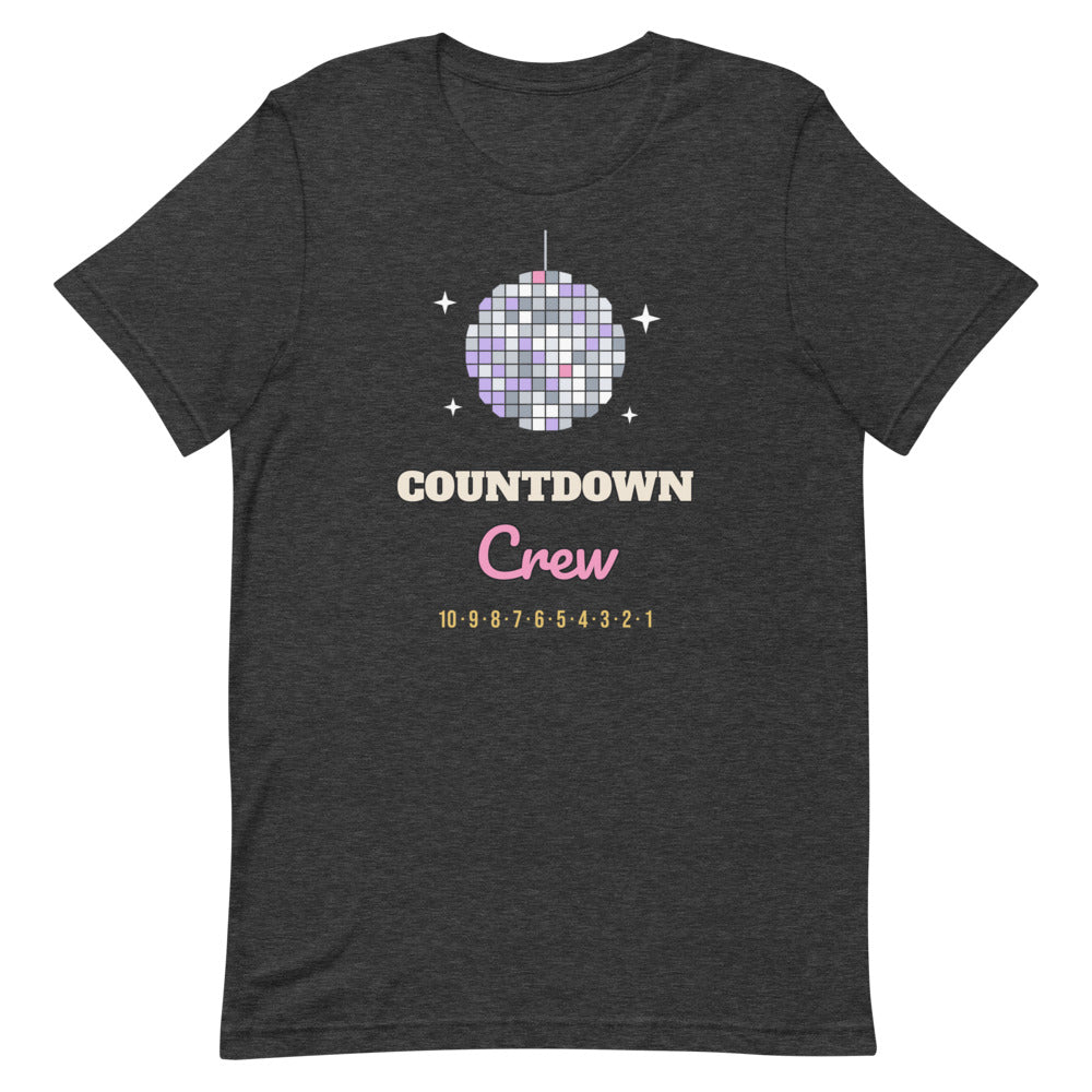 Countdown Crew Unisex Tee in dark grey heather, design printed on the front, front view