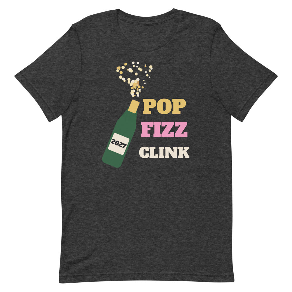 Pop Fizz Clink Unisex Tee in dark grey heather, design printed on the front, front view