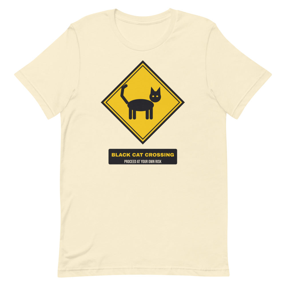 Black Cat Crossing Unisex Tee in natural, design printed on the front, front view