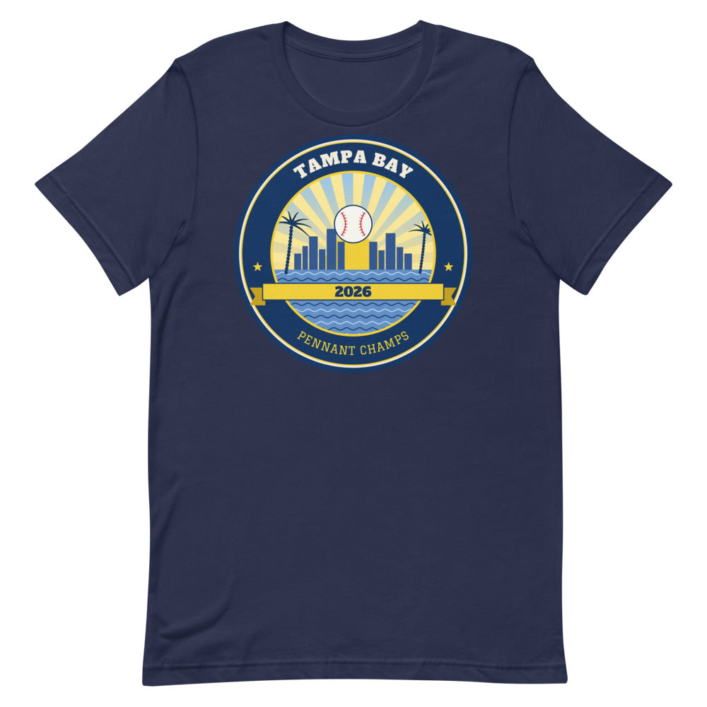Tampa Bay 2026 Pennant Champs Unisex Tee in navy, design printed on the front, front view