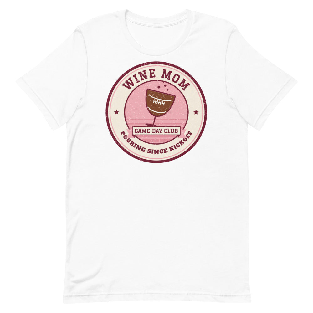 Wine Mom Game Day Club Unisex Tee in white, front view