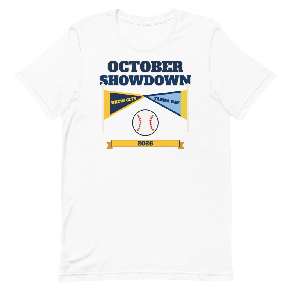 October Showdown 2026 Unisex Tee in white, design printed on the front, front view