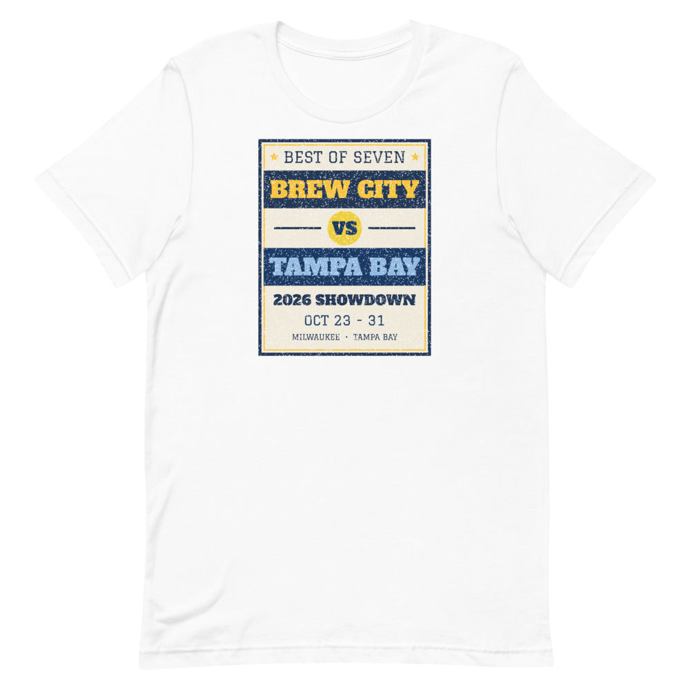 Brew City vs Tampa Bay 2026 Showdown Unisex Tee in white, design printed on the front, front view