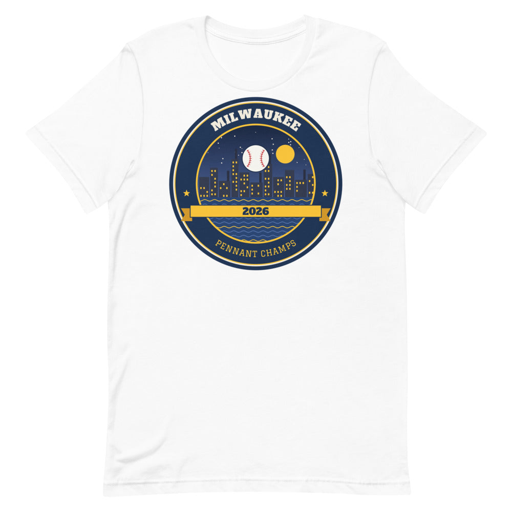 Milwaukee 2026 Pennant Champs Unisex Tee in white, design printed on the front, front view