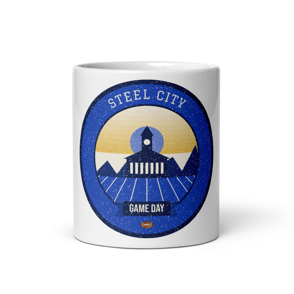 Blue & Gold Steel City Game Day Mug in white, front