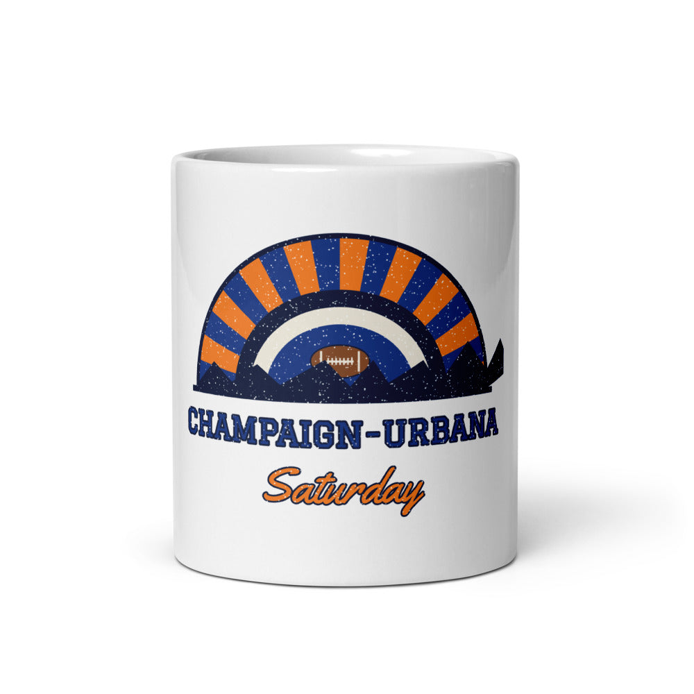 Champaign-Urbana Saturday Mug in white, front