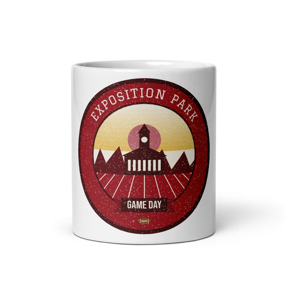 Deep Red & Gold Exposition Game Day Mug in white, front