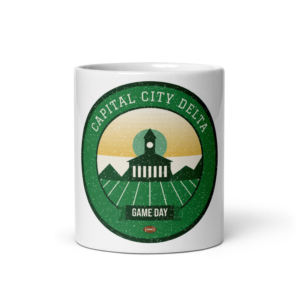 Green & Gold River Delta Game Day Mug in white, front