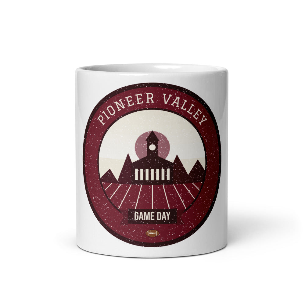 Maroon Pioneer Valley Game Day Mug in white, front