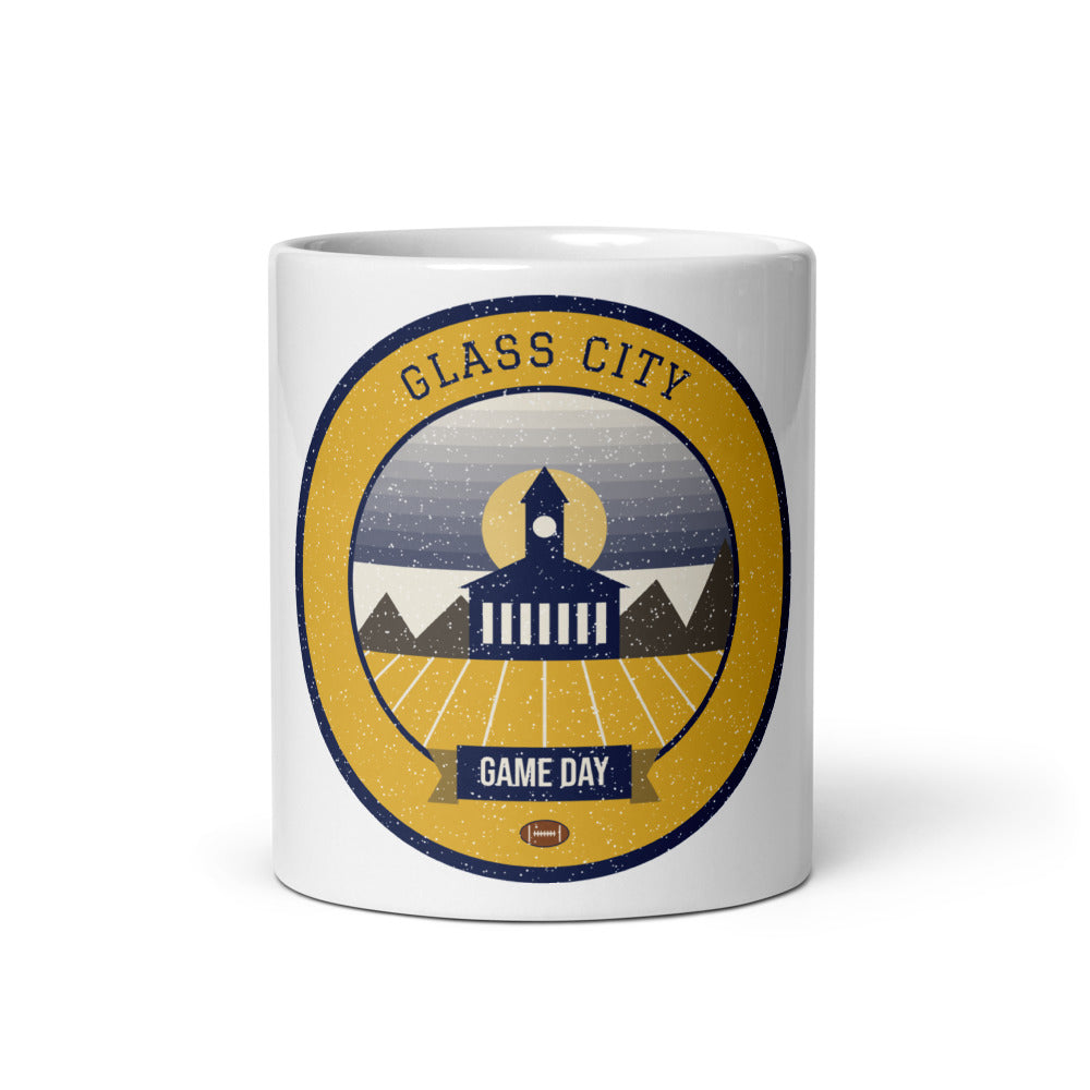 Midnight Blue Glass City Game Day Mug in white, front