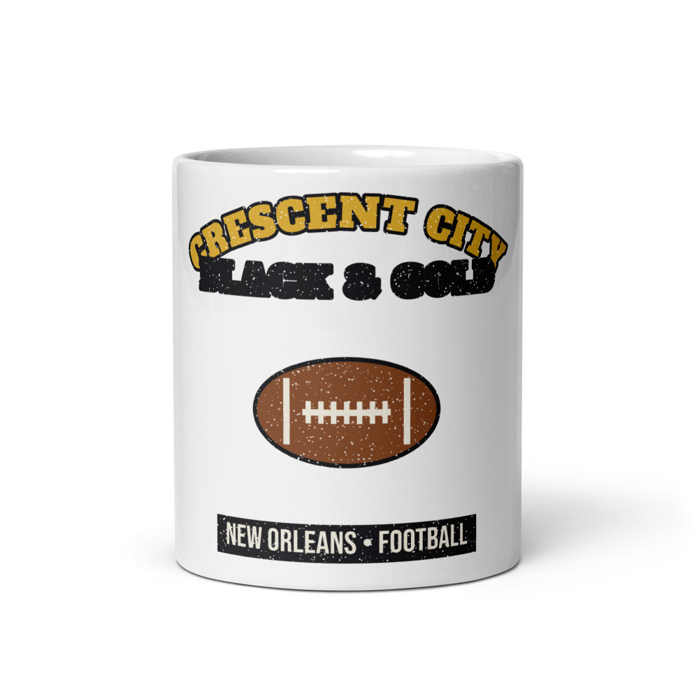 Crescent City Black & Gold Football Mug in white, front