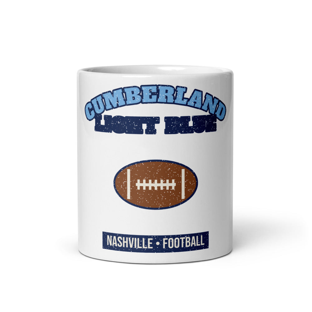 Cumberland Light Blue Football Mug in white, front