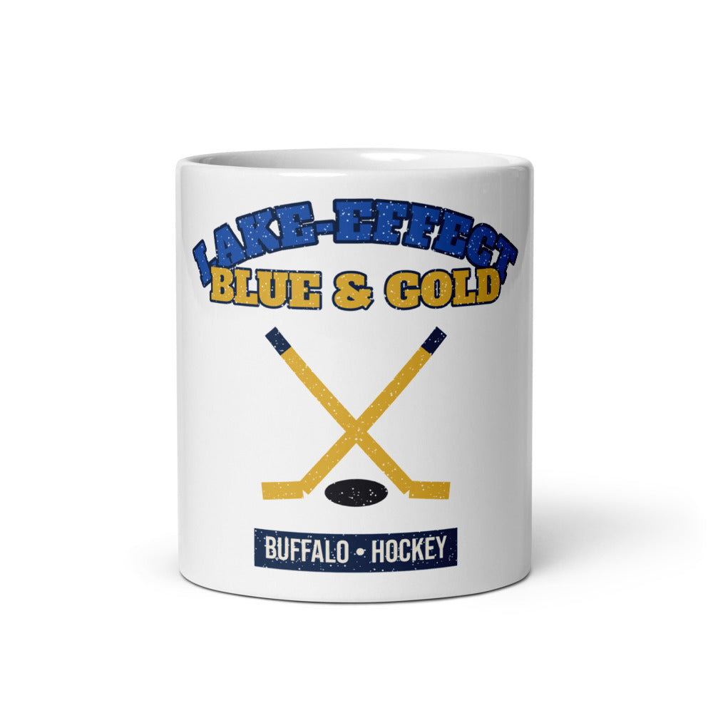 Lake-Effect Blue & Gold Hockey Mug in white, front