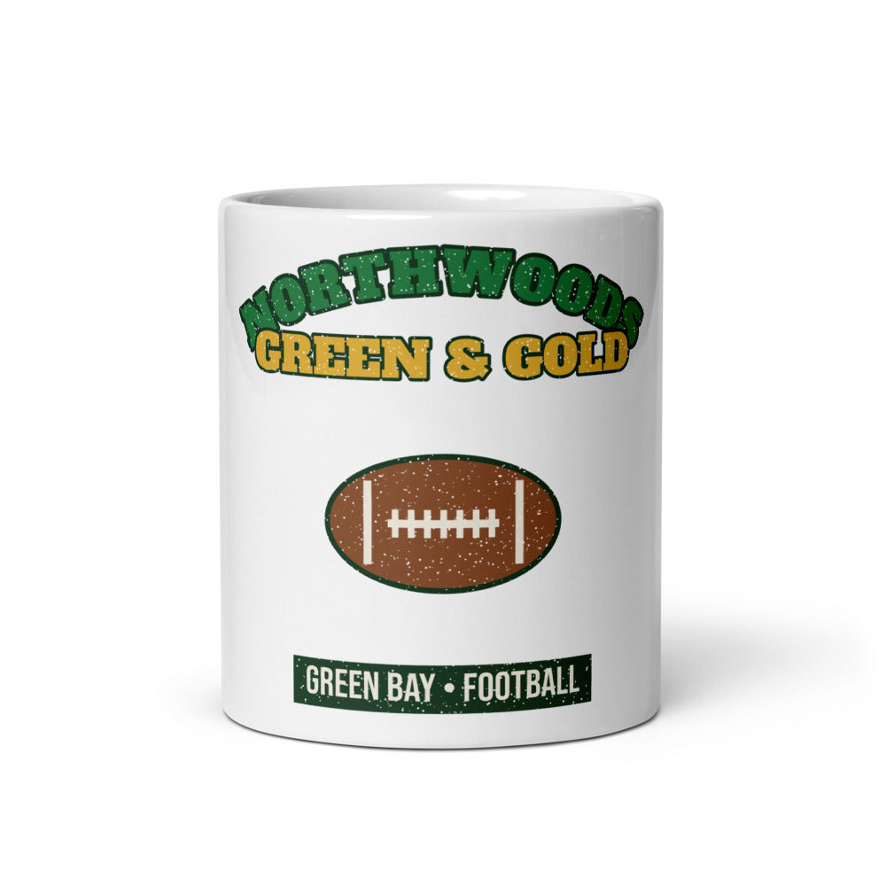 Northwoods Green & Gold Football Mug in white, front