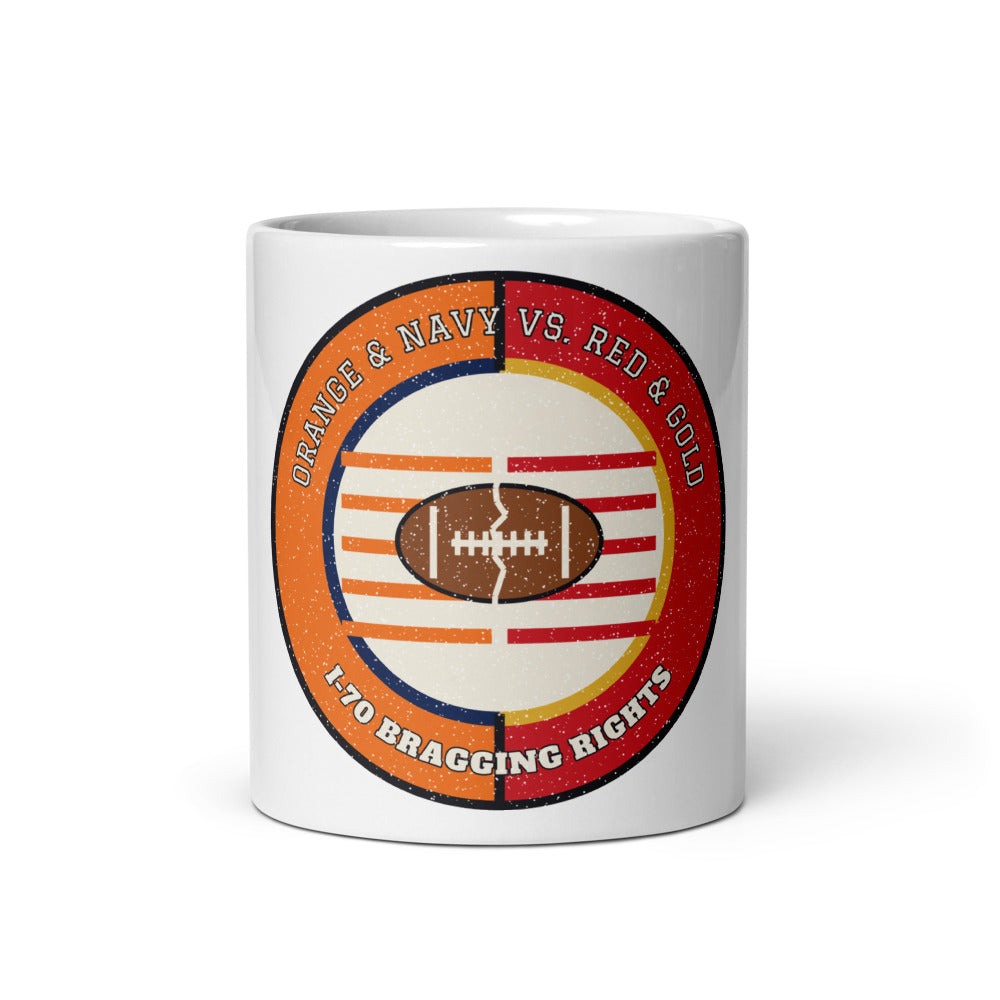 Orange and Navy vs Red and Gold I-70 Bragging Rights Football Mug in white, front