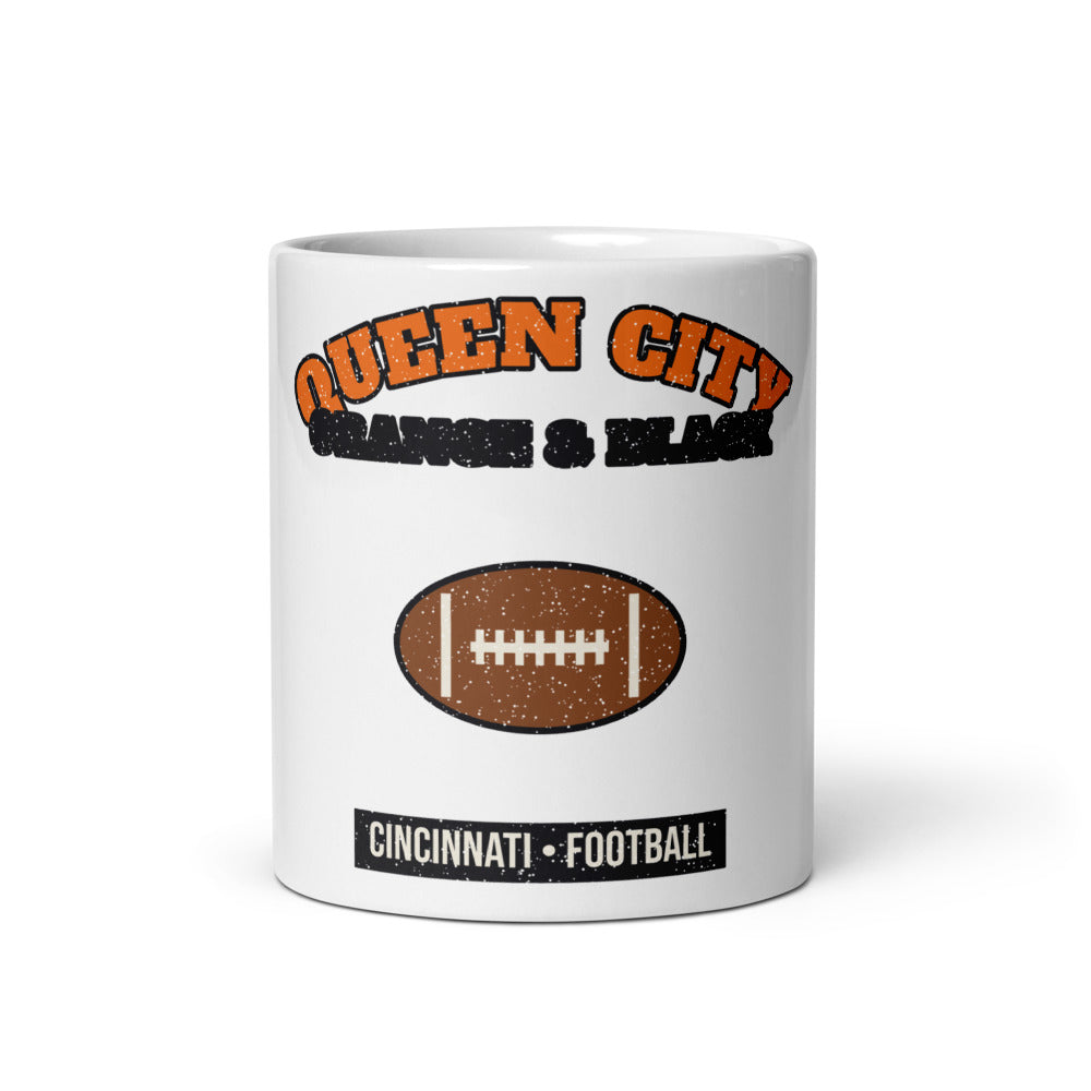 Queen City Orange & Black Football Mug in white, front