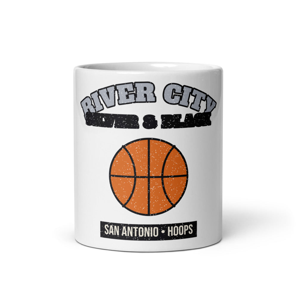 River City Silver & Black Hoops Mug in white, front
