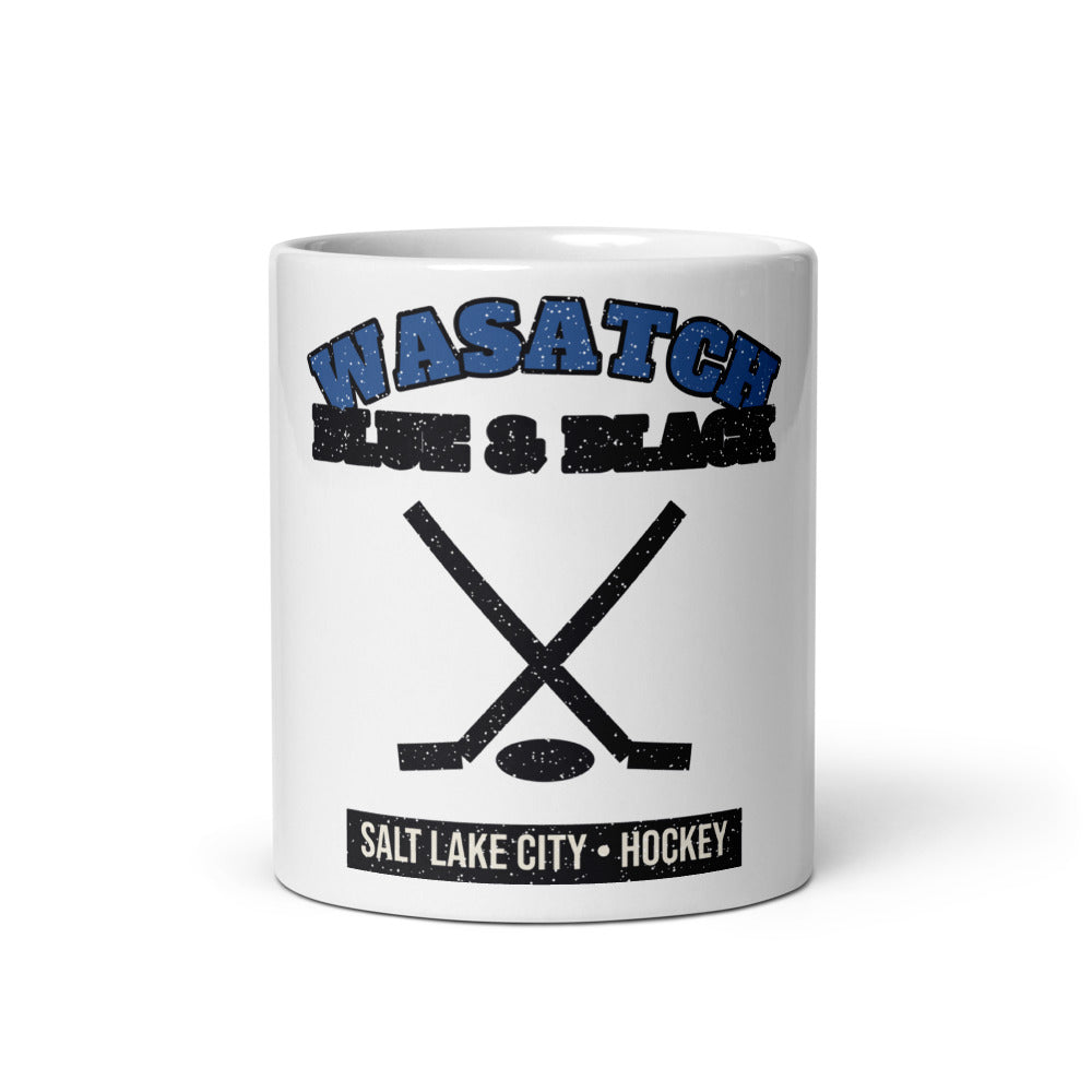 Wasatch Blue & Black Hockey Mug in white, front