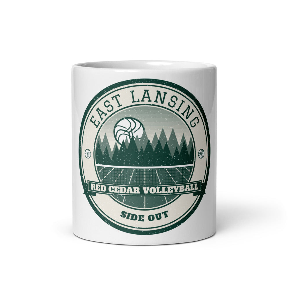 East Lansing Red Cedar Volleyball Mug in white, front