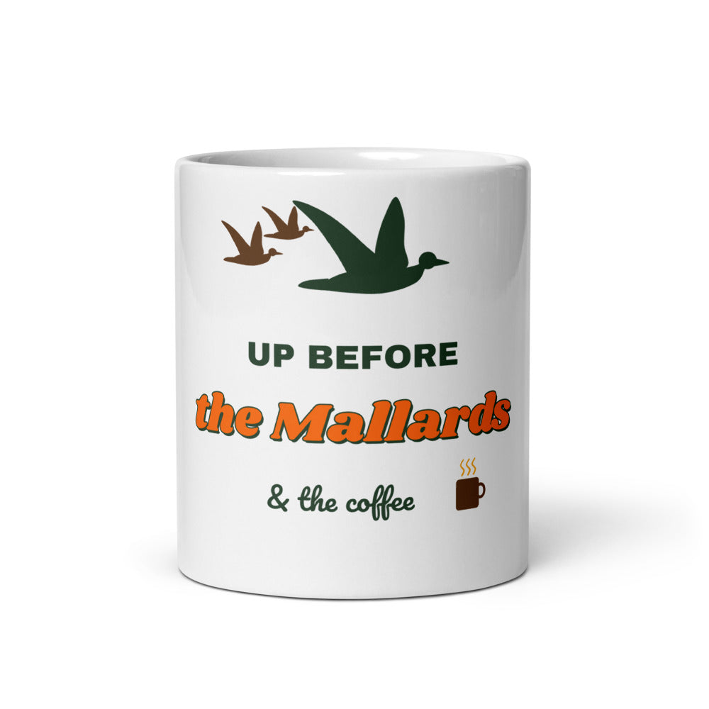 Up Before the Mallards Mug, white ceramic mug with the design printed, front view
